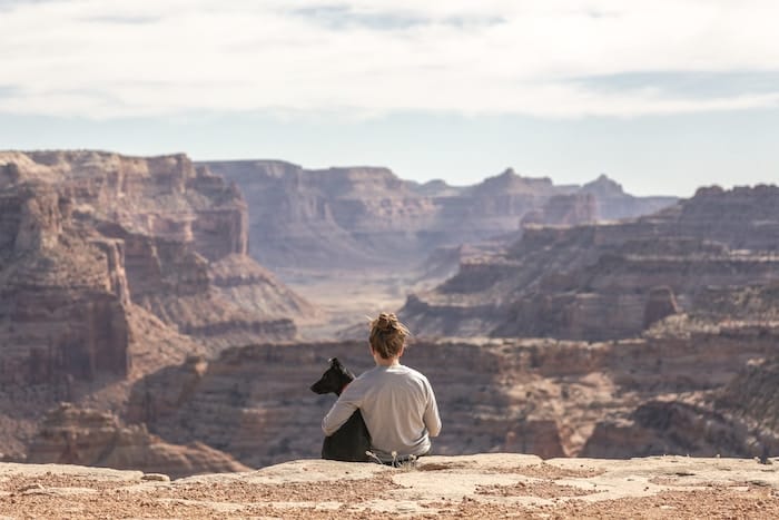 person with dog sitting on a cliff