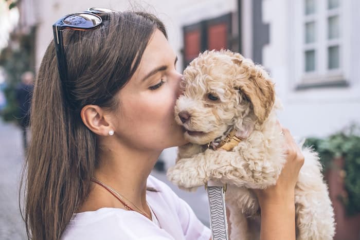 woman holding puppy