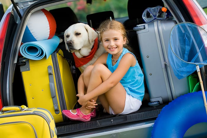 dog, girl and luggage in back of car